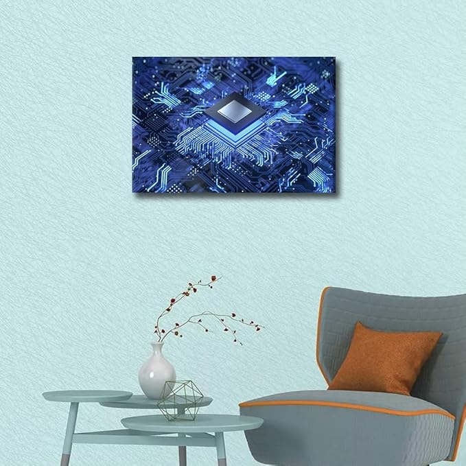 Computer Chip Wall Art Canvas AI Pictures CPU Concept Wall Painting for Bedroom Wall Art for Living Room Contemporary Modern Home Decor Office Posters Framed Wall Art - 24x16in