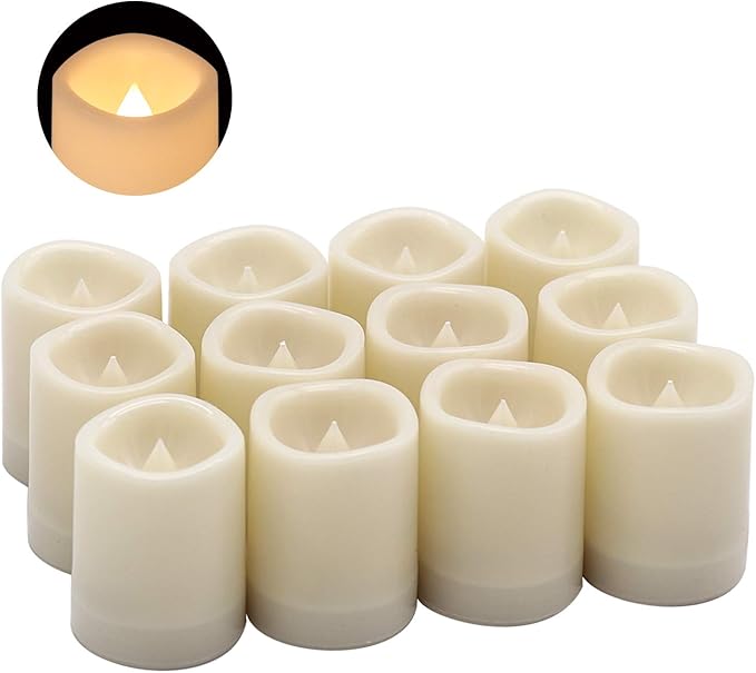 DRomance Outdoor Waterproof Flameless Votive Candles with Timer, Battery Operated LED Tealight Flickering Candles Warm Light Set of 12 Wedding Party Decor Plastic Candle(1.5 x 2 Inches)
