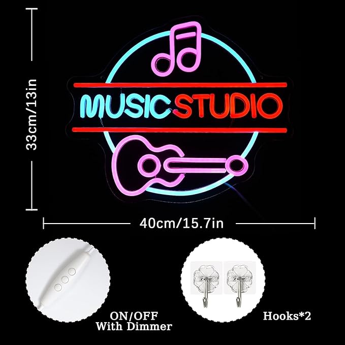 Music Studio LED Neon Signs for Wall Decor Neon Wall Art Acrylic LED Lights with Hanging Chain Light Up for Bedroom Decor Graduation Bar Pub Wedding Party 5V USB Powered Dimmable