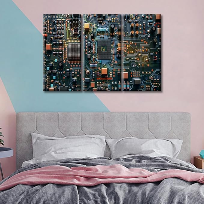 3 Panels CPU Concept Pictures Wall Art Microcontroller Technology Pictures Print on Canvas Circuit Board Wall Decor Paintings for Home Decor Stretched and Framed Easy to Hang (36" Wx24 H)