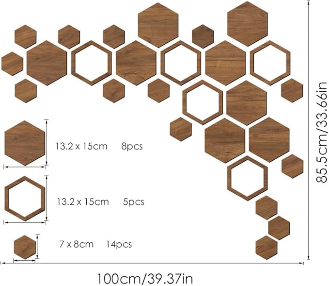 Wooden Hexagon Wall Art Decor, 27 PCS 3D Removable Hexagon Wall Stickers Honeycomb Decor, Wood Hexagon Wall Decor Panels DIY Hexagonal Wall Decals for Office Living Room Bedroom Home Wall Decoration