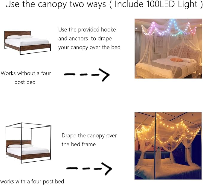 Bed Canopy with LED Star Lights, White Canopy Bed Curtain with RGB Color Changing String Lights with Smart App Control Remote for Princess Girls Bedroom, Suggested for Twin Full Queen King Bed