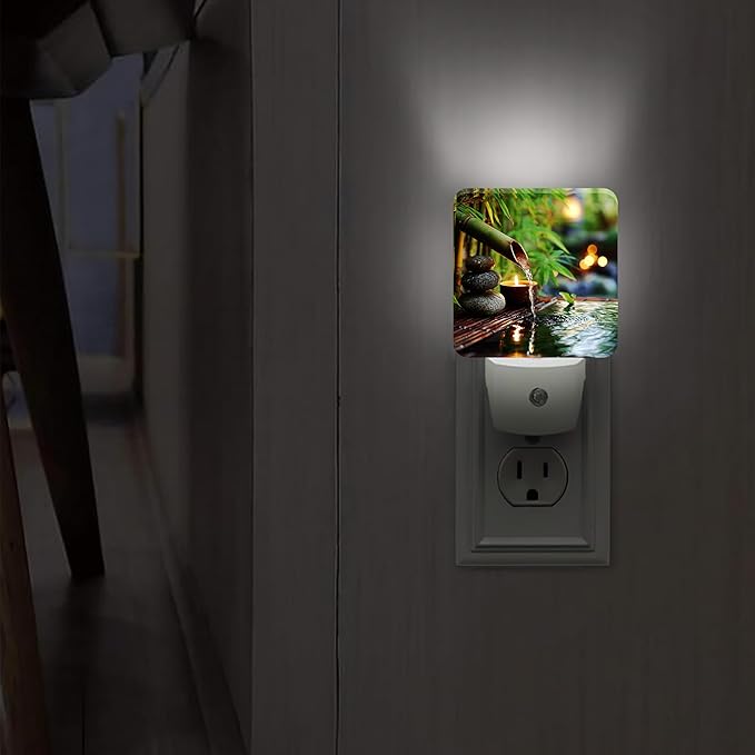 Bamboo Night Lights Plug Into Wall, Zen Natural Stones Water None Green Smart Outlet Plug in Led Night Light Lamp for Living Room Family Room Bedroom Decor 1pcs