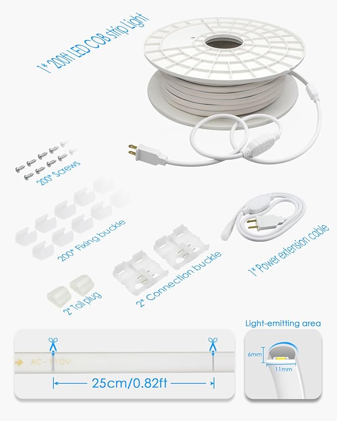 200FT COB Led Strip Lights Outdoor Plug in LED Rope Light for Outside Waterproof 1 Roll Bright White AC 110~120V High Voltage 288Leds/M 6000K 60M Flexible COB LED Light for Decor
