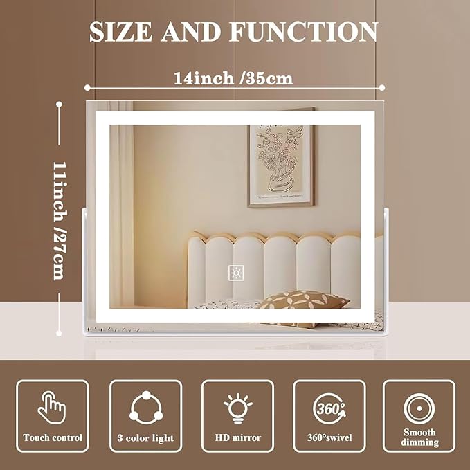 14 Inch LED Vanity Makeup Mirror with Lights, Large Metal Frame Lighted Tabletop Mirror with 3 Color Dimmable Touch Control, 360° Rotation for Bedroom Dressing Table