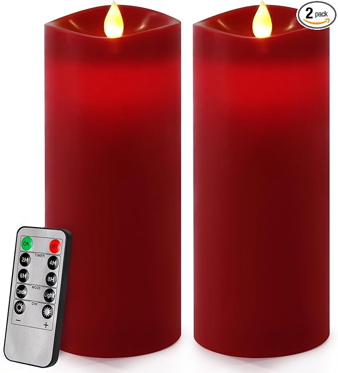 7” x 3” Flameless Candles, Flickering Moving Flame LED Candles, Battery Operated Candles with Remote and Timers, Burgundy, Set of 2