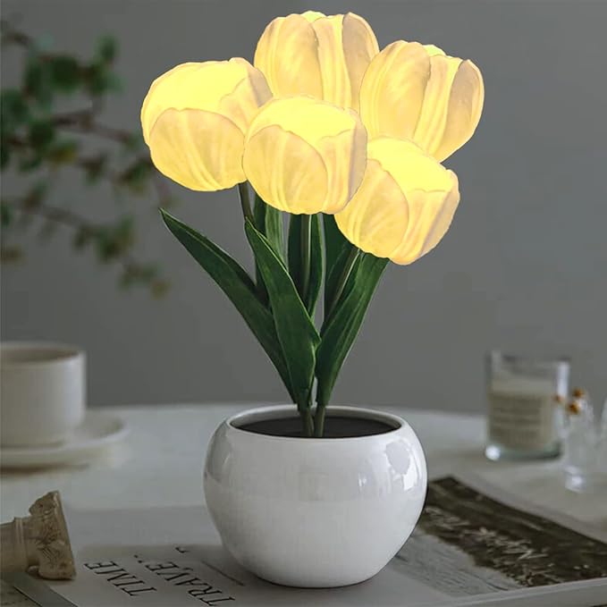 Flower Table Lamp Tulip Desk LED Night Light for Home Living Room Decor Artificial Flower with Vase Table Centerpieces for Birthday Holiday Party Wedding Room Decoration (White)
