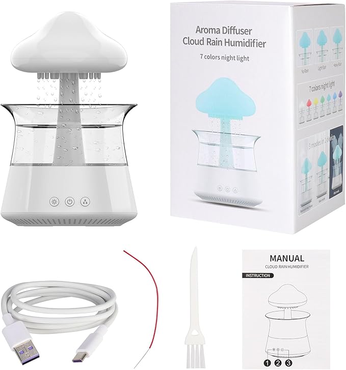 cjc Cloud Rain Humidifier for bedroom with Soothing Rain Sounds Sleep Aid, Waterfall Night Light, Mushroom Design Air Moisturizer，Room Decor Aesthetic for living room (White)