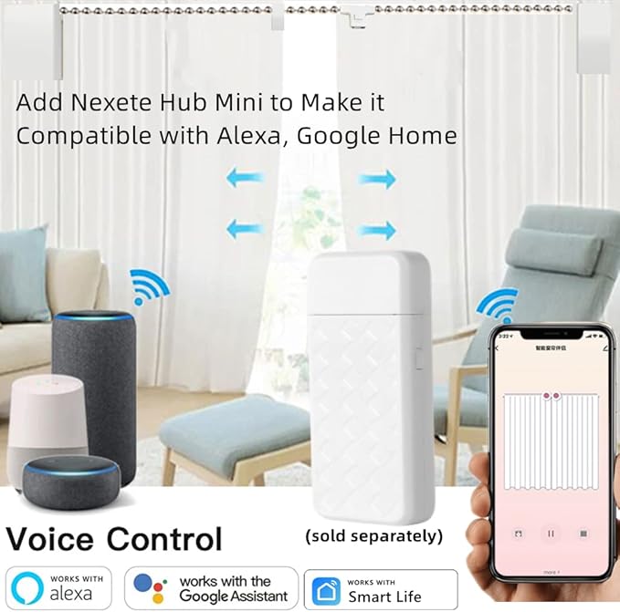 Nexete Smart Curtain Motor Robot, Automatic Curtain Open Timer, Wireless Remote & Smart Life App Control, Add Gateway to Make it Compatible with Alexa, Google Home (Smart Curtain kit)