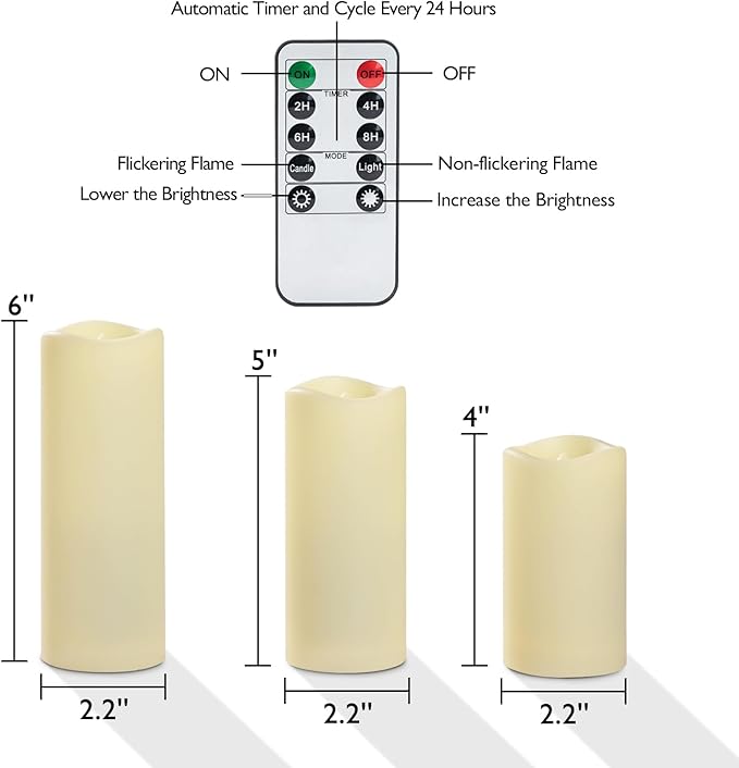 Homemory 12-Piece Waterproof Flameless LED Candles with Remote Control & Timer, Multi-Size Set (D2.2'' x H4''5''6''), Battery Operated for Outdoor/Indoor Decor, Wedding, Holidays & Events