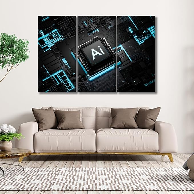 3 Panel Framed Wall Art Artificial Intelligence Processor Smart Microchip Pictures Print on Canvas for Home Wall Decoration, Gallery-Wrapped Ready to Hang, 20x40inchx3