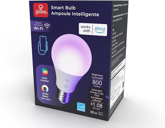 Globe Electric 50589 Color-Changing A19 LED Smart Light Bulb, 2.4 GHz Wi-Fi, 60W Equivalent 800LM, Works with Alexa Only, 1-Pack