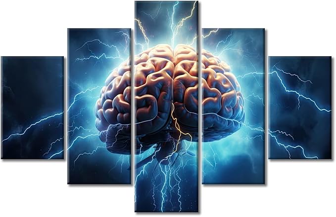 5 Pieces Canvas Prints Brainstorming Concept Wall Art Modern Home Decor Brain Power Lightning Poster Living Room Bedroom Decoration Artwork Painting Framed Ready to Hang, (60"Wx40"H)