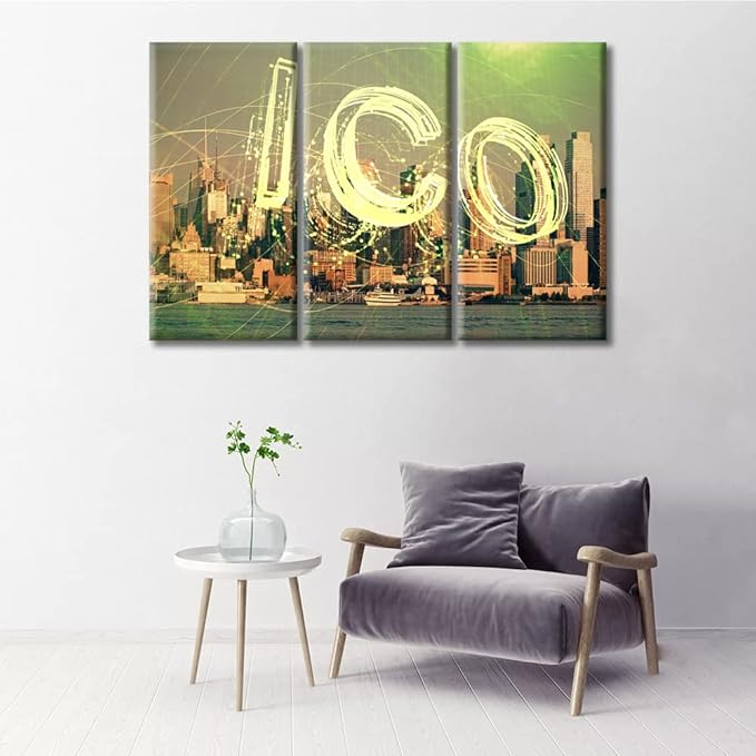 TUMOVO 3 Panel Crypto Currency Paintings Canvas Wall Art Concept of Blockchain and Bitcoin Posters and Prints Pictures Canvas Paintings Wall Decor for Living Room Framed Ready to Hang (36" Wx24 H)