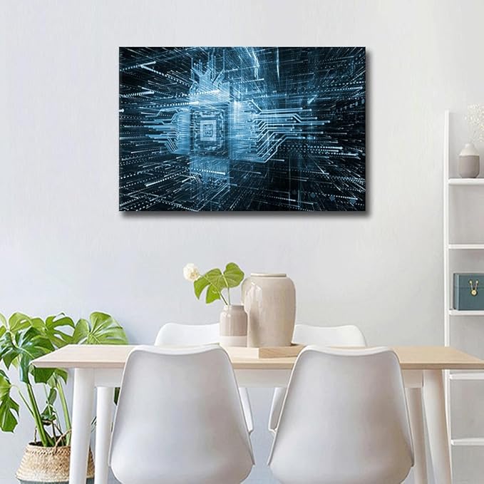 TUMOVO CPU Symbol Modern Wall Art AI Abstract Picture Futuristic CPU Contemporary Artwork Print On Canvas Digital Age Bedroom Wall Art Pictures for Living Room Framed Ready to Hang, 36x24in