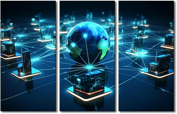 Framed Wall Art 3 Panel Centralized Network Architecture Wall Paintings for Living Room Bedroom Wall Decoration, Concepts Artwork Wooden Framed Gallery-Wrapped Ready to Hang, 42" Wx28 H