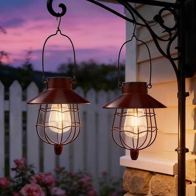 2 Pack Solar Lantern Outdoor Waterproof, Solar Lights Outdoor with Vintage Metal Warm White Edison Bulb Design, Hanging Lanterns Decorate for Garden Yard and Porch (Red)