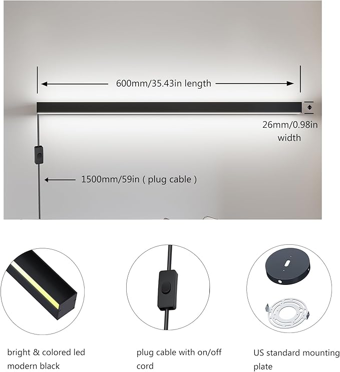 Plug In Wall Sconce,Smart RGBCW LED Wall Light Work with Alexa,Phone APP,Color Changing & White Dimmable Modern Room Wall Mount Light Bar,23.6In Long for Bedroom,Livingroom,Corner,Music Sync,1pcs