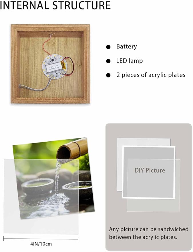 Wood Night Light Box 4.5x4.5in,Zen Meditation Lake Water Table Lights Wooden Picture Frame with USB Rechargeable Touch LED Lights for Home Decor Desktop Display,Natural Landscape