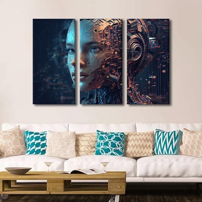 Head of Humanoid Robot Wall Art Blue Eyes and Visible Neural Network and Circuit Board Pictures Print On Canvas, Stretched Framed Gallery-Wrapped Ready to Hang, 42" Wx28 H