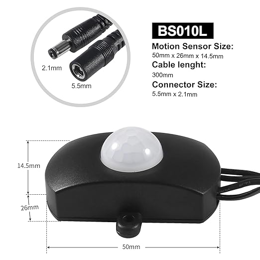 2PCS Mini Pir Motion Sensor Switch, DC 5-24V Auto PIR Infrared Motion Sensor Detector LED Light Strip Switch 5.5 DC Plug for DIY LED Lighting, Light Sensor, Time & Distance Adjustable (Black & White)