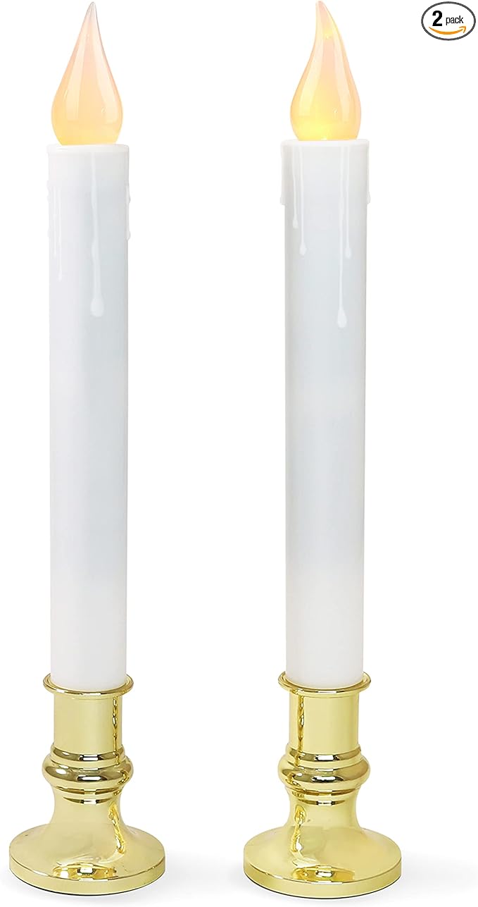 FURORA LIGHTING LED White Taper Candles with Gold Holders Pack of 2 with 5/19 Timer, Elegant Flameless Glow for Home Décor, Batteries Included