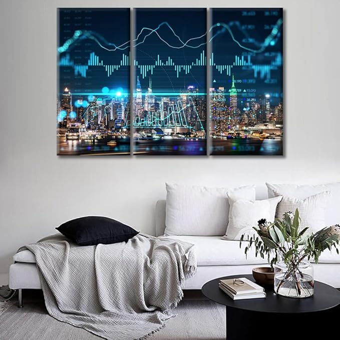TUMOVO 3 Panels Office Decor Night Manhattan Midtown USA Pictures Wall Art for Living Room Concept of Internet Trading Brokerage and Analysis Posters and Prints Framed Ready to Hang (42" Wx28 H)