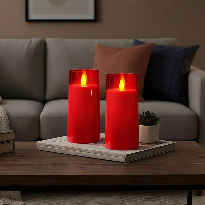 Raycare Flameless Electronic Pillar Candles with Remote Control and Timer- Battery Operated Realistic Flickering LED Fake Candle for Home, Wedding, Valentine's Day Decor, Red,Set of 2(3"x6"6")