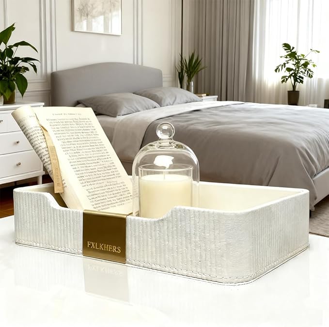 Valet Tray Nightstand Storage Organizer - PU Leather Desktop Storage Organizer Fits Cosmetics Perfume Skincare Lipsticks for Dresser Vanity, Catchall Tray for Watch Wallet Phone Keys|White