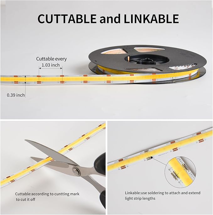 CCT COB LED Strip Lights, Tunable White Dimmable 2700K-6500K, 24V LED Tape Light Kit 9.8ft/3m, High Density CRI90+with UL-Listed Adapter, for Under Cabinet Lighting, Kitchen,Bedroom, Office, DIY