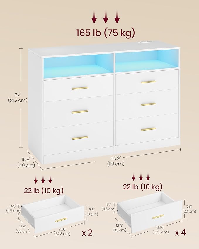 VASAGLE Custos Collection - Dresser for Bedroom, with LED Lights and Power Strip, Chest of Drawers, Modern, TV Stand for Living Room, 6 Drawers, 15.8 x 46.9 x 32 Inches, Cloud White ULTS316WB01S