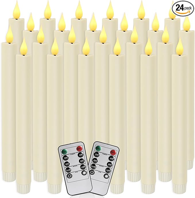 24-Pack Flameless Taper Candles, 9.25 Inch Battery Operated LED Candlesticks with Remote & Timer - Realistic Flickering Flame, Warm Ivory, Safe Smokeless for Wedding Christmas Church Party Home Decor