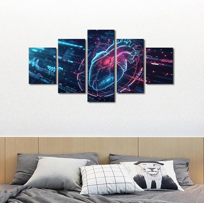 5 Panel Artificial Intelligence Heart Paintings Canvas Wall Art Framed Bedroom Art Wall Decor Human Heart Pictures for Living Room Wall Decoration Posters with Frame Ready to Hang 60" Wx32 H