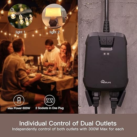 TREATLIFE 2 in 1 Outdoor Smart Dimmer Plug, 2 Individual Control Sockets, 600W, Compatible with Alexa, Google Home, IP64 Dimmer for Outdoor String Lights, Dusk to Dawn, 2.4GHz WiFi Only