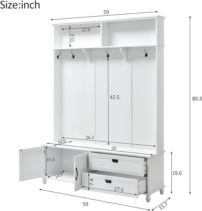 Widen Hall Tree with Bench and Shoe Storage, Modern Entryway Bench with Coat Rack, Cabinet, 2 Drawers and Shelves, Mudroom Bench with Storage and 5 Hooks for Entry Way, Hallway (White)