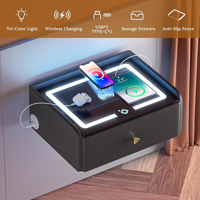 HOMEMORE Floating Nightstand with Charging Station Bedside Table LED Smart Bedside Table Wall Mounted Nightstand Black
