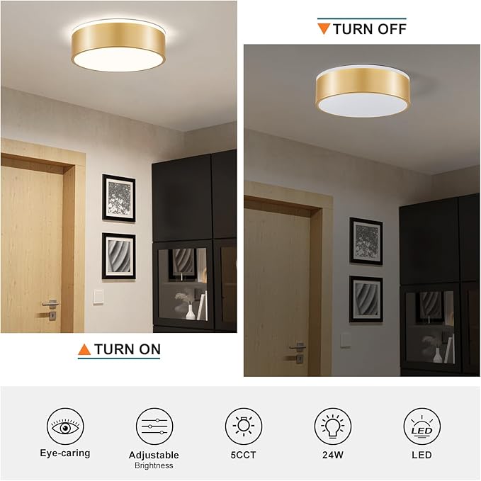 Dimmable Gold LED Ceiling Light Fixture, 5CCT 2700 K-6000 K Modern Flush Mount Ceiling Light, Round Minimalist Lighting Fixture for Bedroom, Kitchen, Laundry Room, Hallway, 11.81 Inch