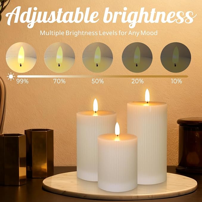 Rechargeable Flameless LED Pillar Candles–Luminous Real Wax Indoor Home Decor–Set of 3, Realistic Flickering LED Flame,Remote & Timer(Light Khaki)