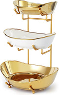 Ceramic Fruit Bowl for Kitchen Counter - 3 Tier Fruit Basket with Metal Stand, Tiered Fruit Stand for Countertop, Snack, Nuts, Cake, Dessert, Small & Cute (Gold & White,Small)