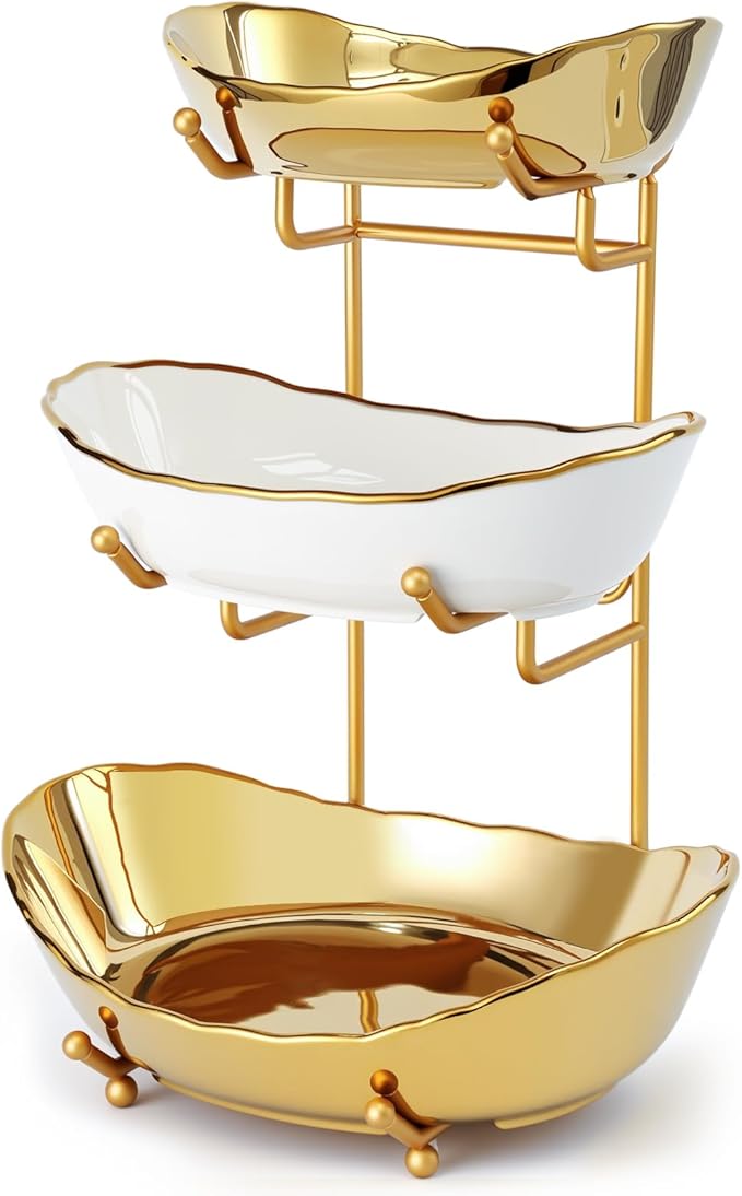 Ceramic Fruit Bowl for Kitchen Counter - 3 Tier Fruit Basket with Metal Stand, Tiered Fruit Stand for Countertop, Snack, Nuts, Cake, Dessert, Small & Cute (Gold & White,Small)