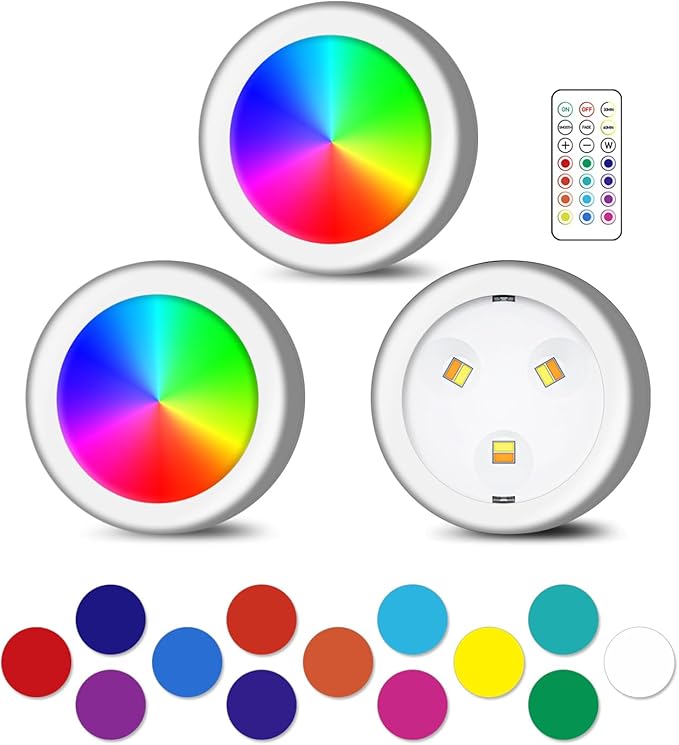 LED Lights with Wireless Remote, 13 Color RGB - for Closet, Under Cabinet,Bedroom Wall, Battery Powered Puck Lights. Convenient 3M Stick On