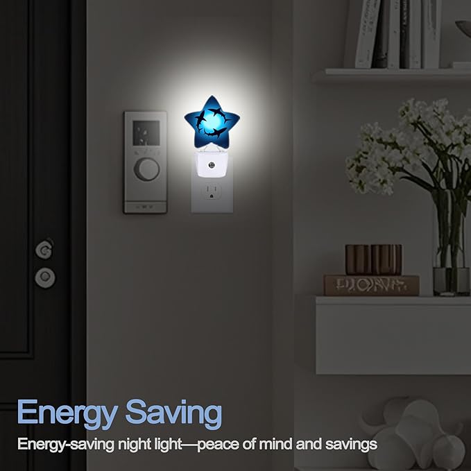 Night Light,Coastal Shark Plug into Wall with Dusk to Dawn Light Sensors,Blue Ocean Sea Warm Star Nightlights for Bedroom,Bathroom,Hallway,Kitchen Home Decor Desk Lamp
