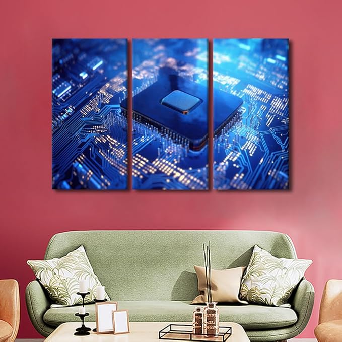 3 Pieces Wall Art Circuit Board Canvas Painting Semiconductor Chip Pictures Wall Art Framed Art Prints on Canvas Wall Decor Stretched Ready to Hang Posters and Prints, 60" Wx40 H