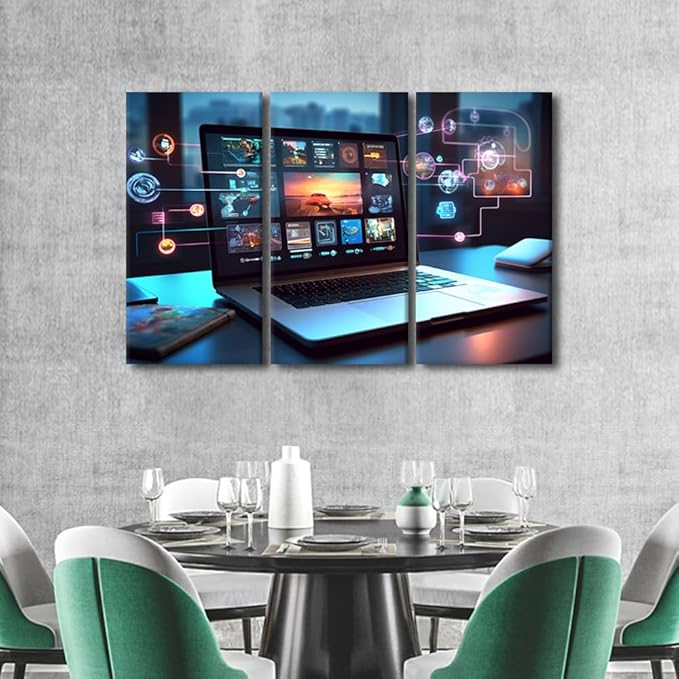 Wall Pictures for Living Room 3 Panels Digital Collaboration Tools Concepts Pictures Poster for Home Wall Decorations, Wooden Framed Gallery-Wrapped Ready to Hang, 42" Wx28 H