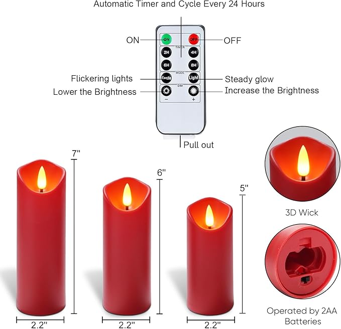Homemory Christmas Flameless Candles, Battery Operated Candles with Remote Timers, Electric Fake Candles for Home, Christmas Decoration, Made of Plastic, Red/Burgundy, Set of 9