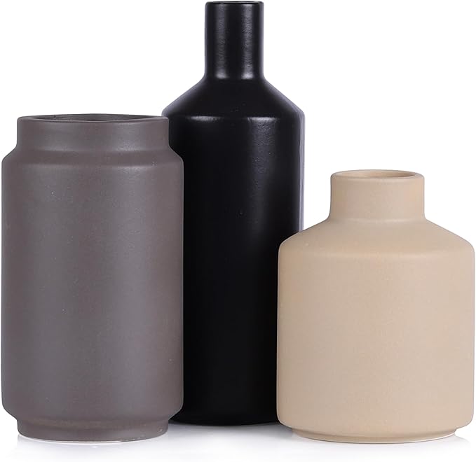 Modern 3 Piece Ceramic Vase Set - Minimalist Home Decor Vases for Living Room, Bedroom, or Entryway - Modern Neutral Table Decor for Flowers or Greenery, Shelf and Mantel Accent