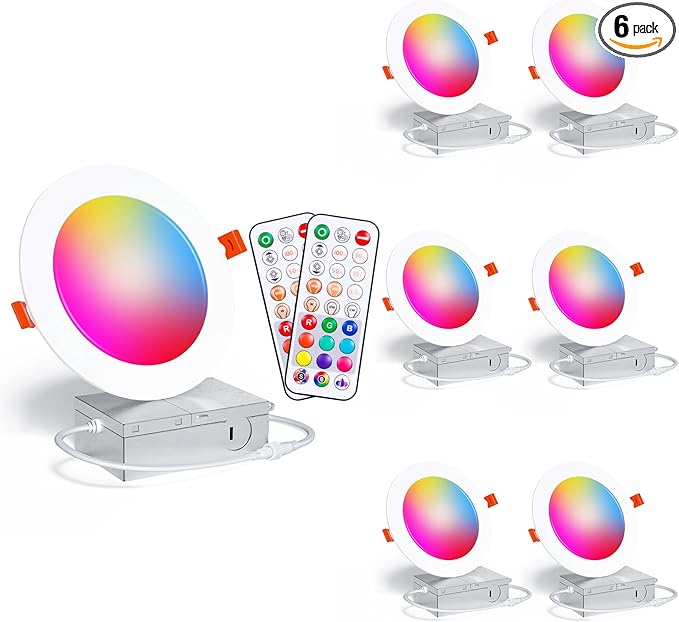 Recessed Lighting 4 Inch RGBCW Color Changing Canless LED Recessed Ceiling Light with Junction Box,12W 1080LM LED Downlight Dimmable by Remote Control, Memory, 3 Modes, Delayed Light Off, 6Pack