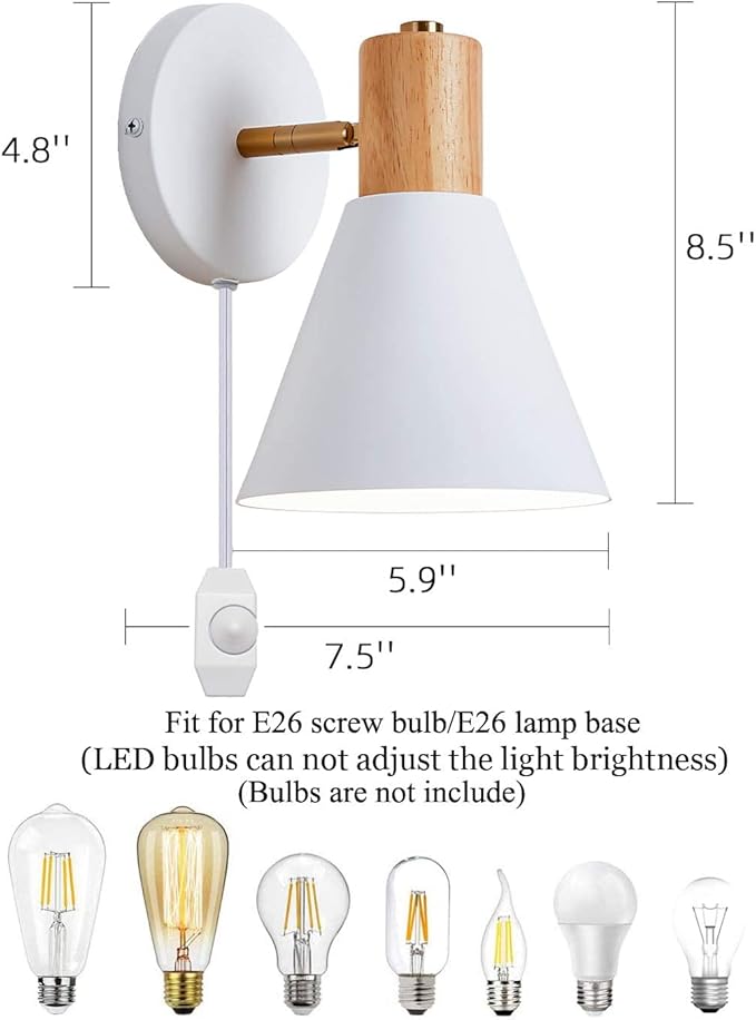 ClanKin Plug in Wall Sconces Lighting for Bedroom, White Dimmable Wood Style Wall Sconce Reading Lamp, Adjustable Wall Light for Bedroom Hallway Living Room (White-Plug in, 1)
