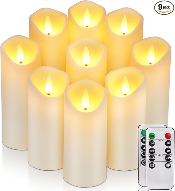 Homemory Flameless Candles, LED Battery Operated with Remote Timers, Electric Fake, Made of Frosted Plastic, Won't Melt, Ivory, Set of 9