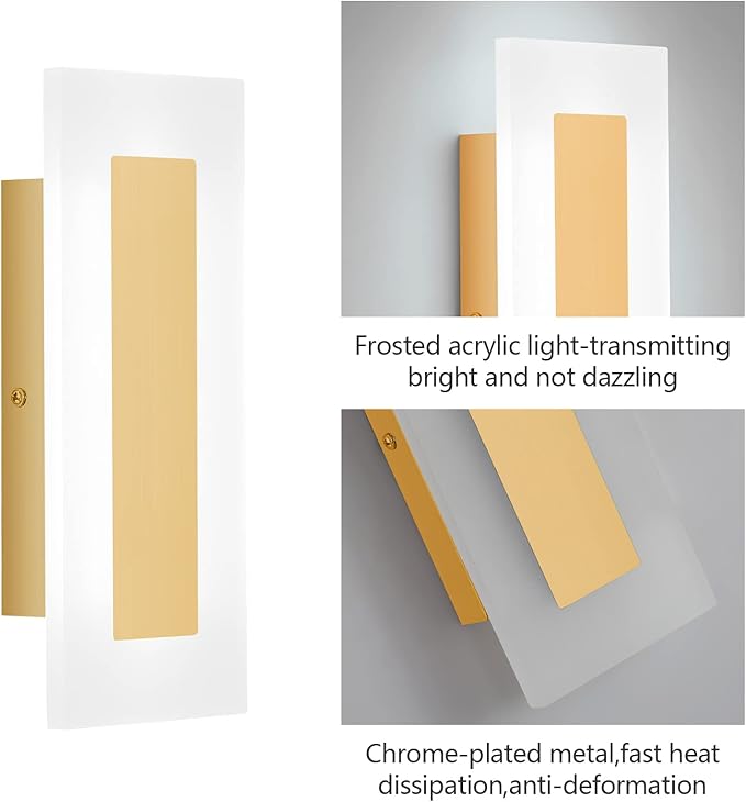 LMQNINE Modern LED Acrylic Gold Wall Sconce White Light 6000K for Bedroom Corridor Stairs Bathroom Indoor Lighting Fixture Lamps Home Room Decor (2- Pack)…